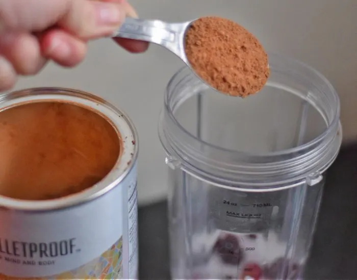 Add two tablespoons Bulletproof hot chocolate to smoothie