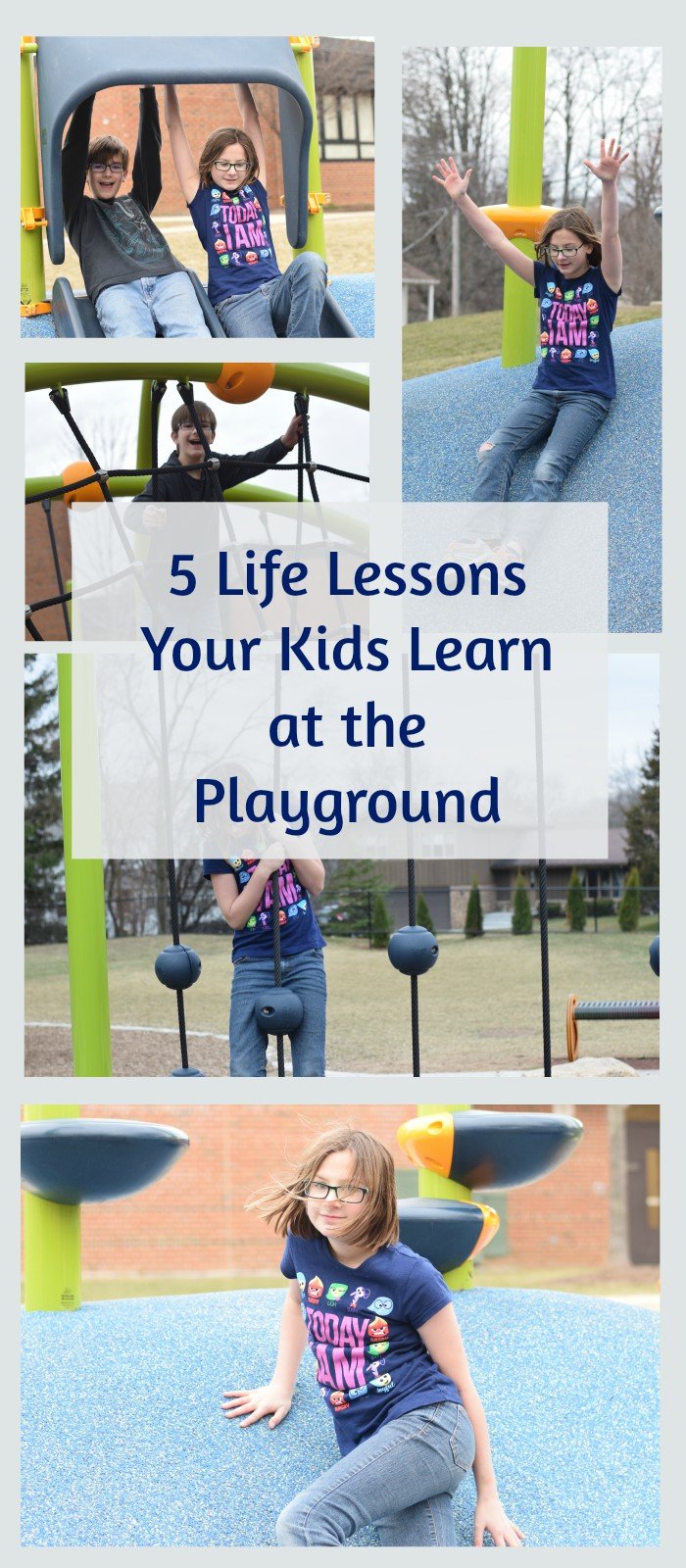 5 Life Lessons kids learn. Playground benefits kids both physically and mentally. This is a great excuse to go visit a park near you today!