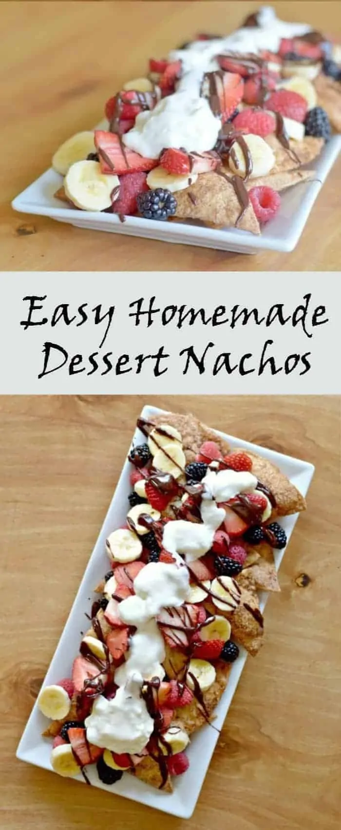 Easy homemade dessert nachos recipe with cinnamon sugar tortilla chips Mexican chocolate sauce, and fresh fruit for a lighter and delicious treat. Perfect for a potluck or Cinco de Mayo.