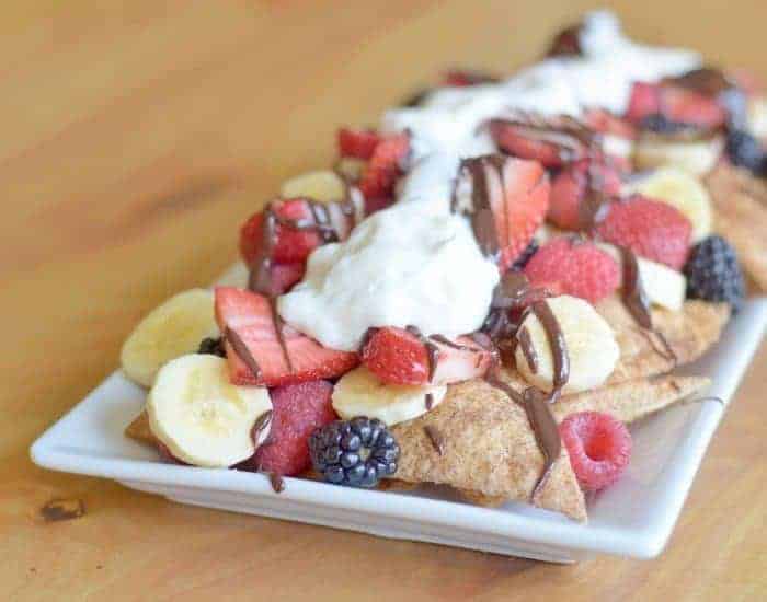 Homemade dessert nachos with Mexican hot chocolate sauce
