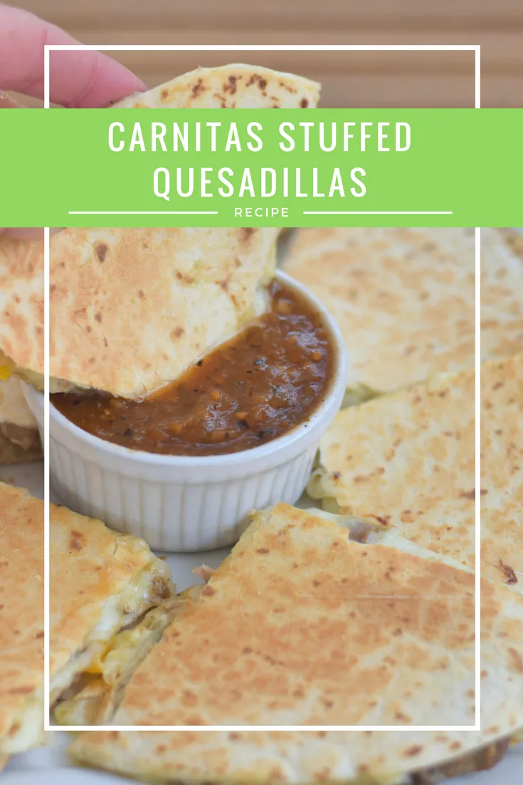 Carnitas Stuffed Quesadillas Recipe - easy date night dinner idea. Quick recipe for a flavorful quesadilla. Who doesn't love easy Mexican?