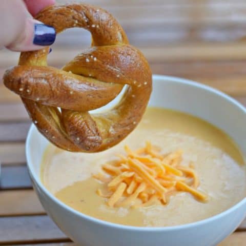 Perfect dinner of beer cheese soup and homemade pretzels