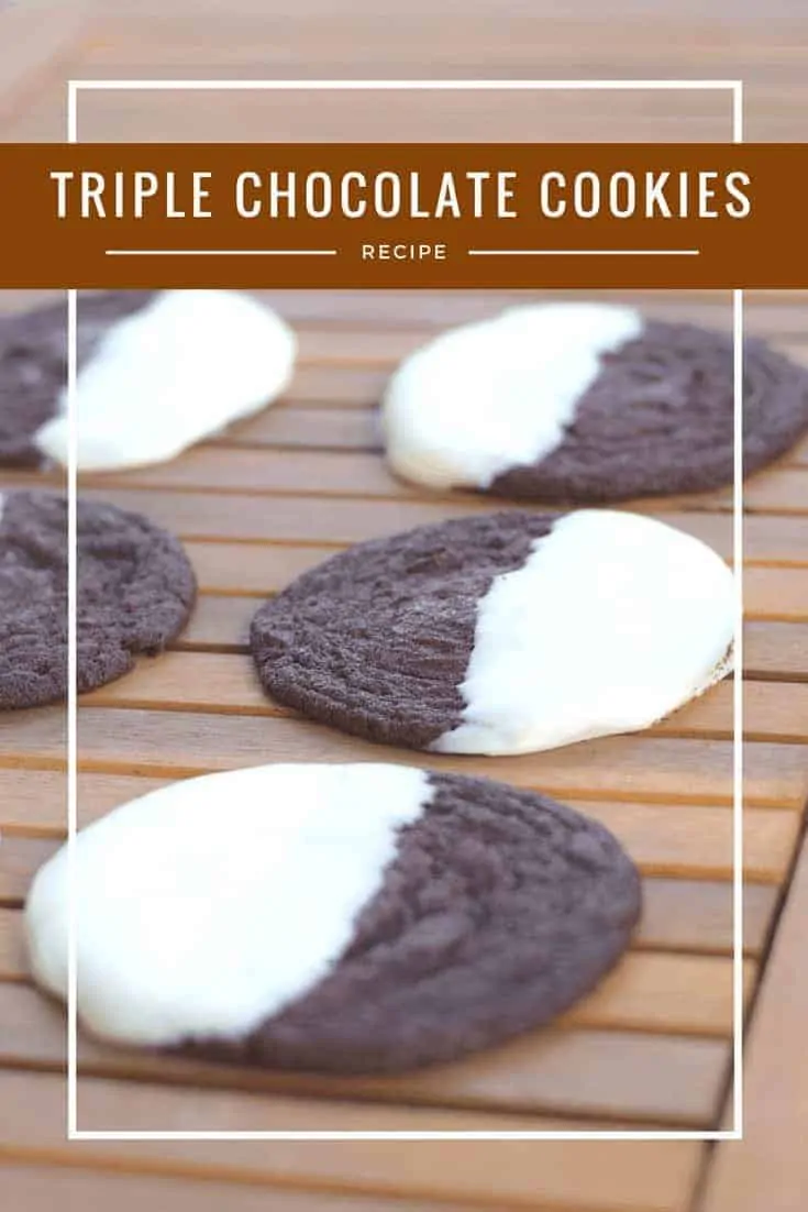 Triple Chocolate Cookies Recipe - delicious and simply rich soft chocolate cookie dipped in white chocolate, a Mrs. Fields copycat recipe!