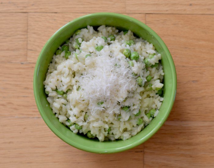 Bowl of Instant Pot pea risotto