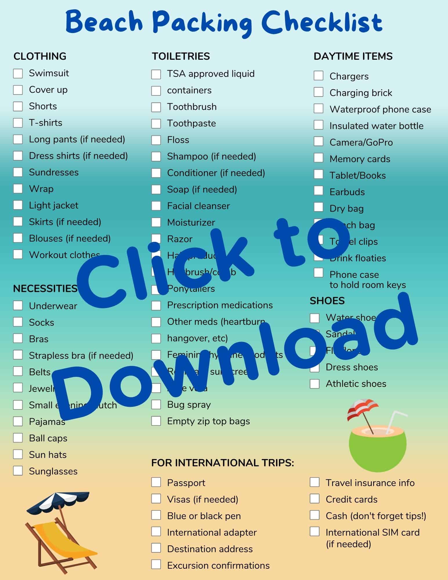 Printable of Beach Packing Checklist with items categorized by need..