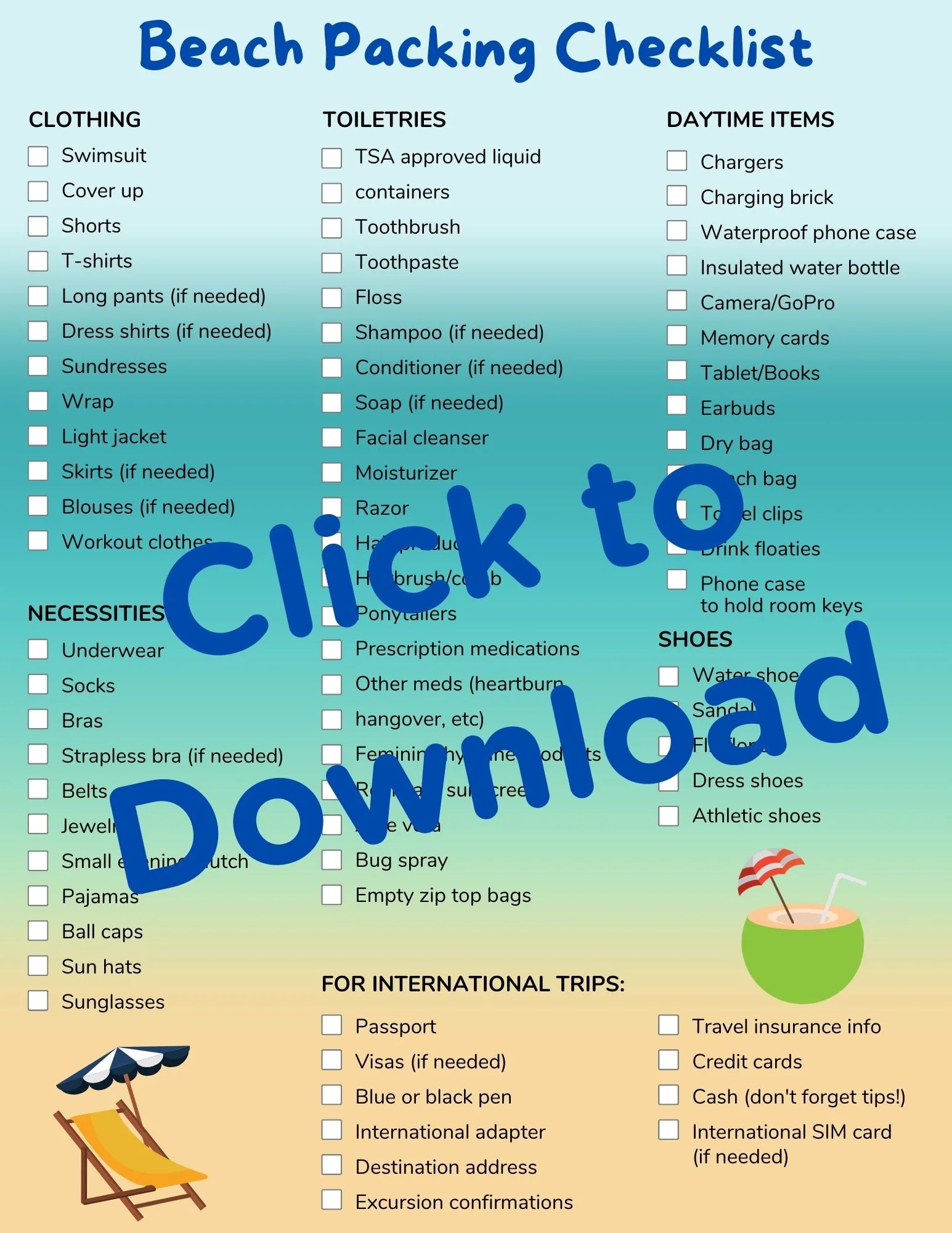 Beach Vacation Packing List Printable Instant Download Beach Vacation