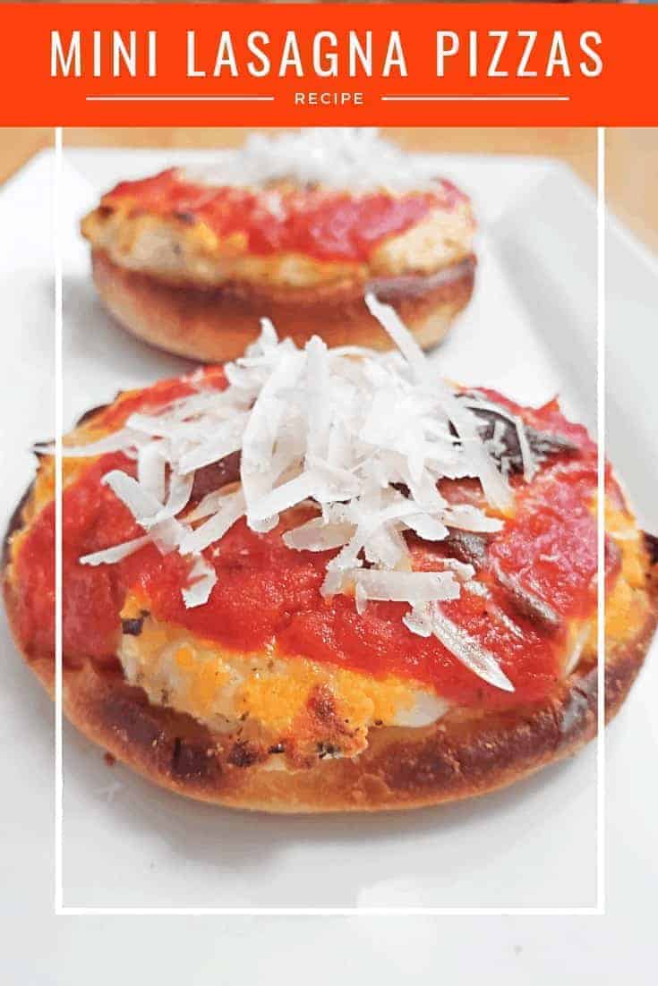 Easy mini lasagna pizzas recipe: These are the perfect party appetizer. You can prep ahead or bake later. They're kid friendly pizzas, and who doesn't love an Engish muffin pizza? Dress them up with your favorite pizza toppings or leave them simple like a classic lasagna. They're a quick easy recipe that's ready in under 20 minutes - a perfect weeknight dinner. #easyrecipes #pizza #dinner #lasagna