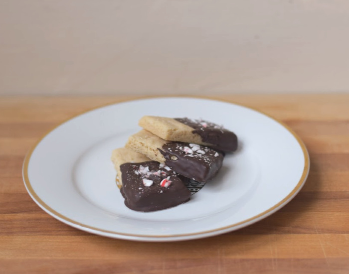 Plate of chocolate dipped shortbread cookies