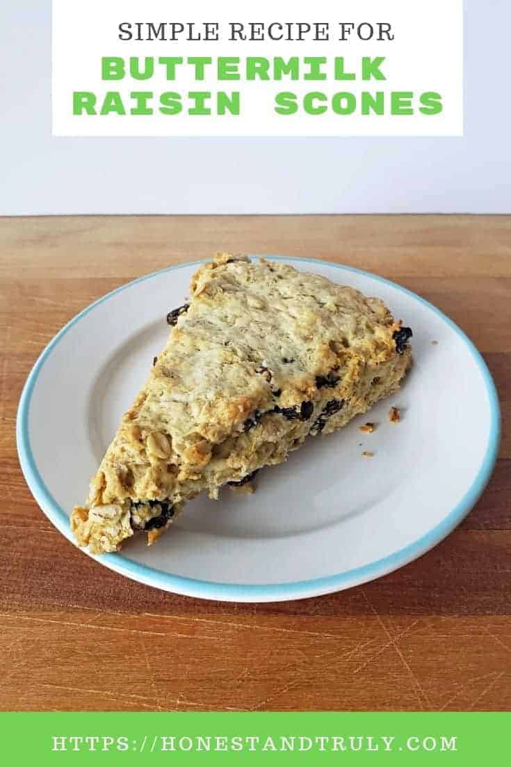 Enjoy these simple buttermilk raisin scones for breakfast. These homemade scones are ready in under a half hour and take less time and energy than pancakes. This is the perfect way to use leftover buttermilk, too! #scones #buttermilk #raisins #easyrecipes