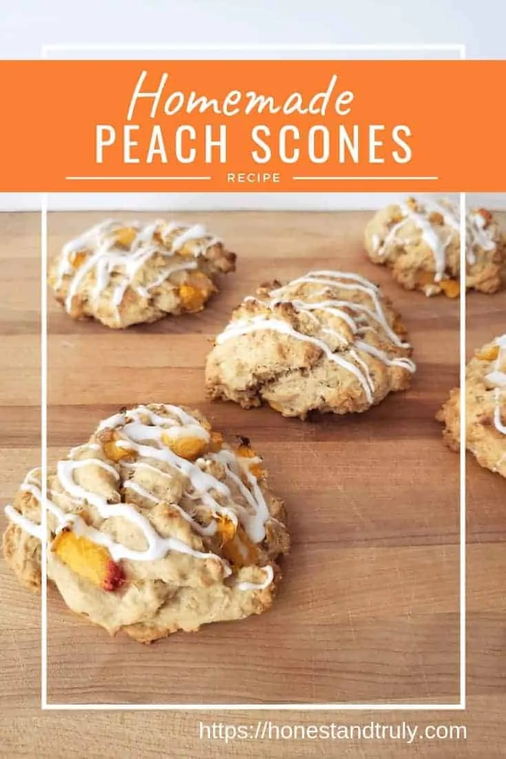 Homemade fresh peach scones are a perfect breakfast. This easy recipe doesn't take long to make, and it's a perfect use for fresh peaches. Don't have in season peaches? Yes, you can make these easy scones with frozen peaches, too! #peaches #scones #breakfast #easyrecipes