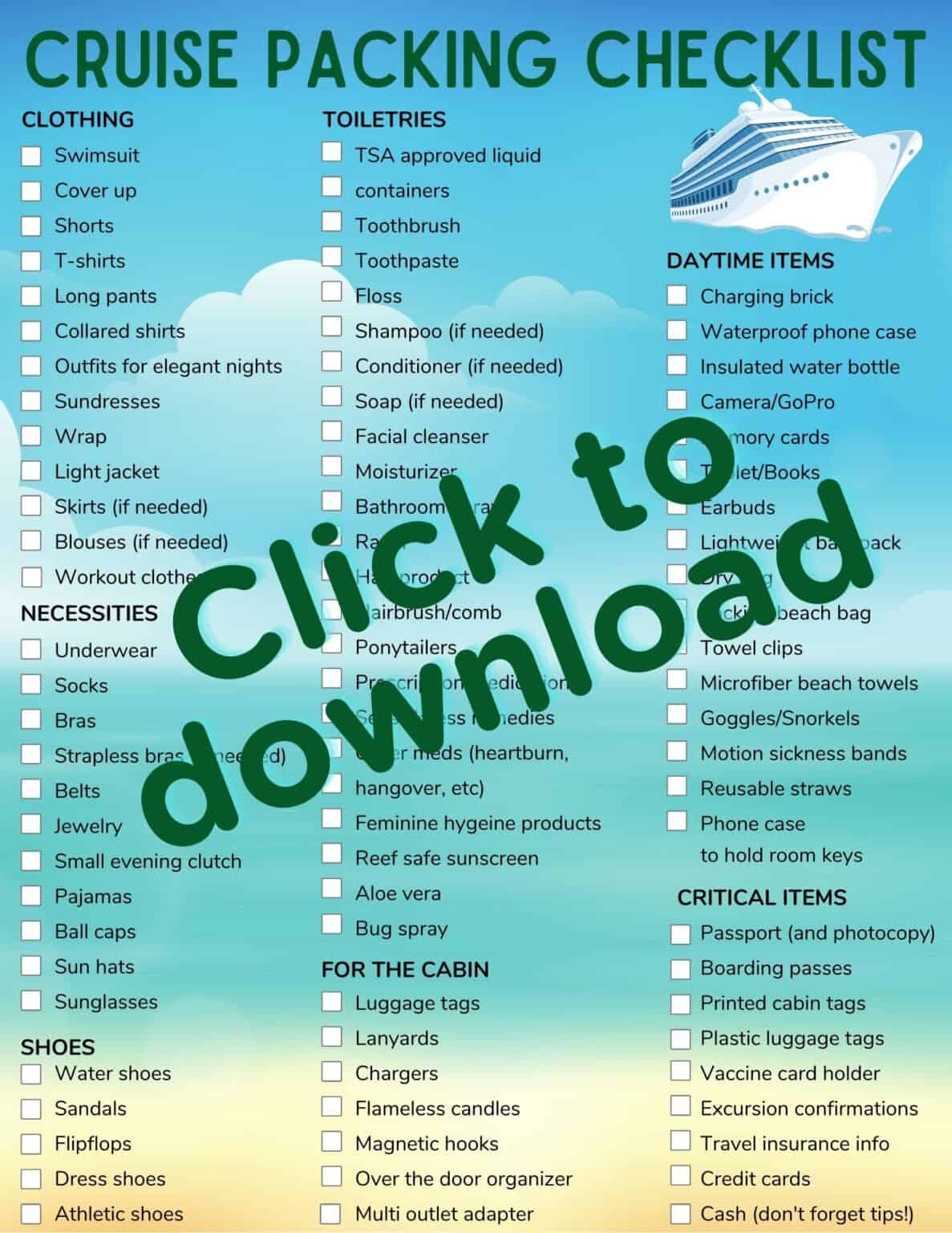 free cruise packing list 2023