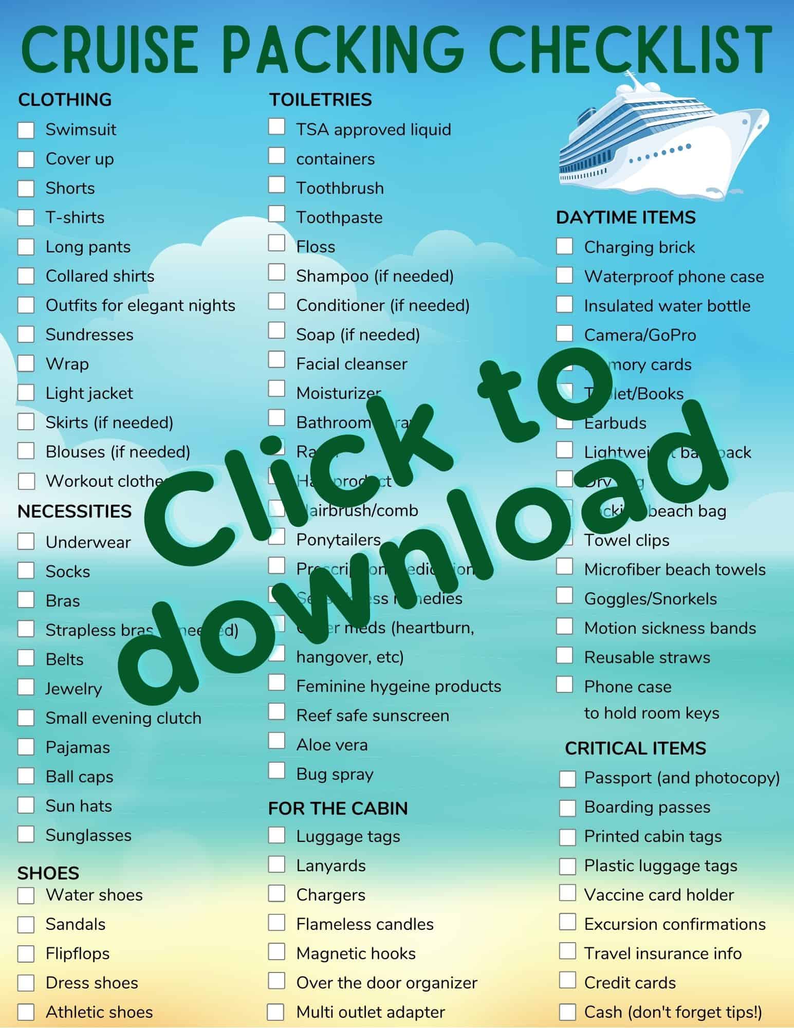 Cruise Packing checklist with click to download across the list of items.