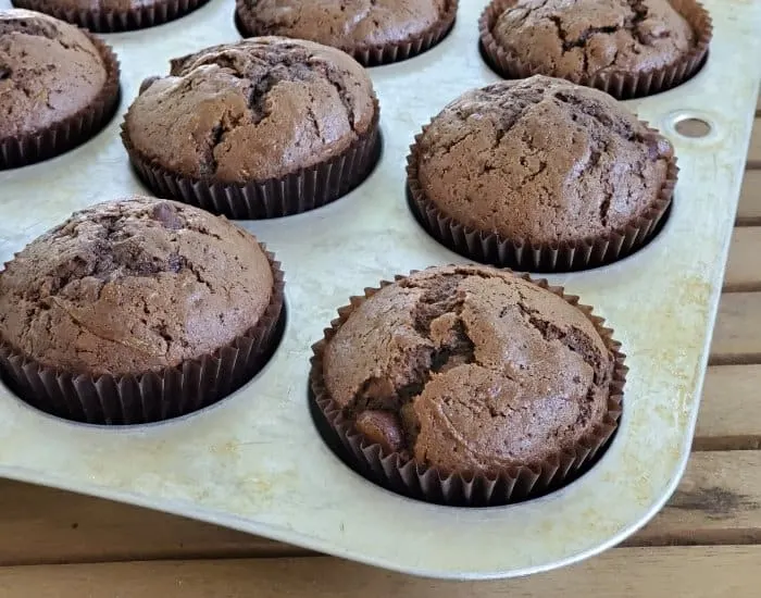 Pan of double chocolate zucchini muffins