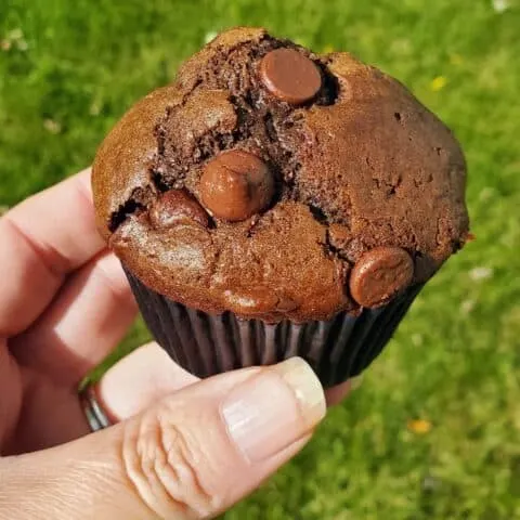 Holding a double chocolate muffin
