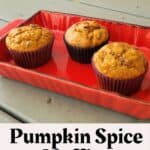 Pumpkin spice muffins in a red tray on a porch