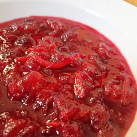 Closeup of a bowl of orange cranberry sauce