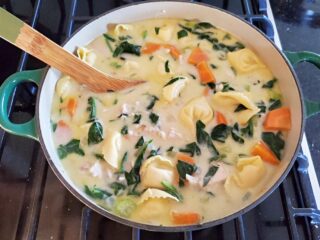 Full pot of creamy chicken tortellini soup