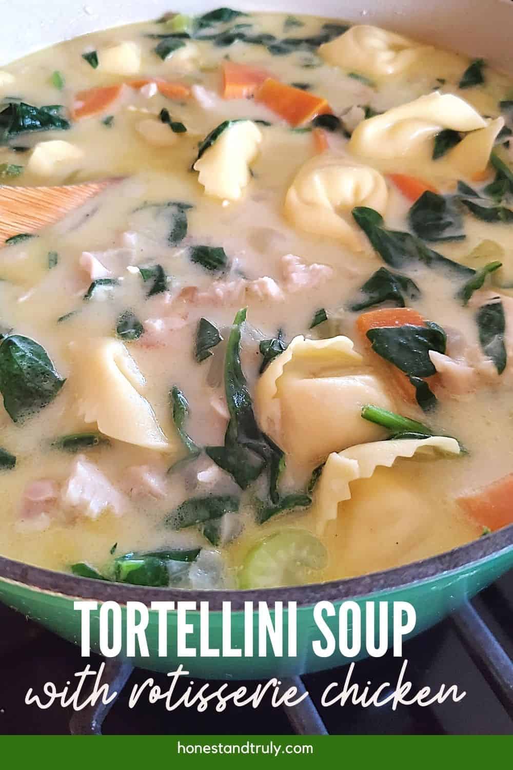 Tortellini soup in a green pot