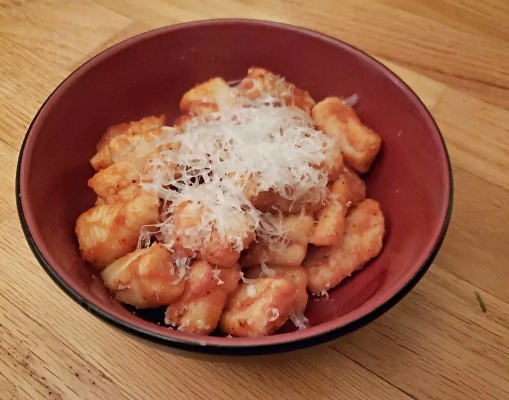 Overhead shot of a bowl of homemade gnocchi