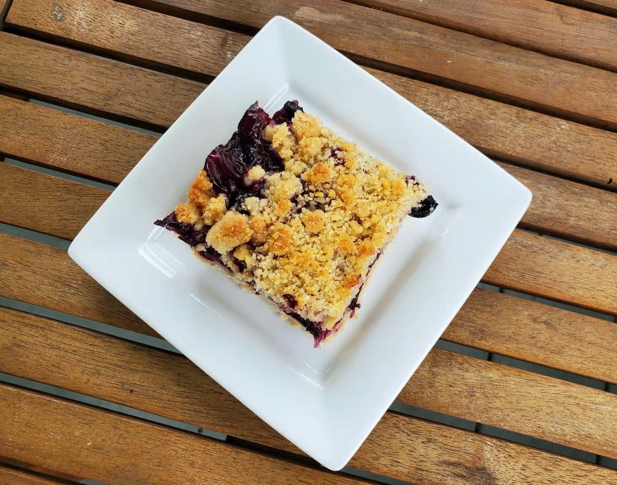 Overhead shot of a blueberry crumb bar on a white plate