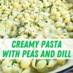 Pot of creamy pea pasta closeup