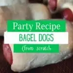 Series of bagel dogs on a silpat with text of party recipe bagel dogs from scratch.
