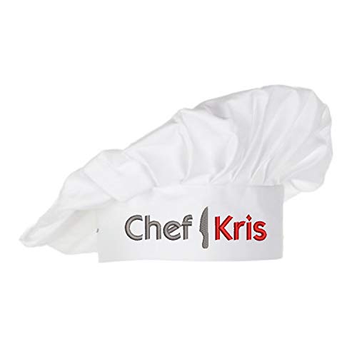 Image of a personalized chef's toque with Chef Kris embroidered on it.