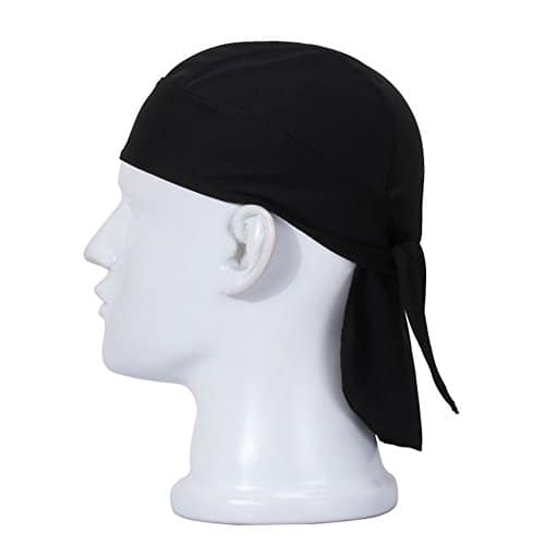 Image of a black chefs bandana on a white mannequin head.