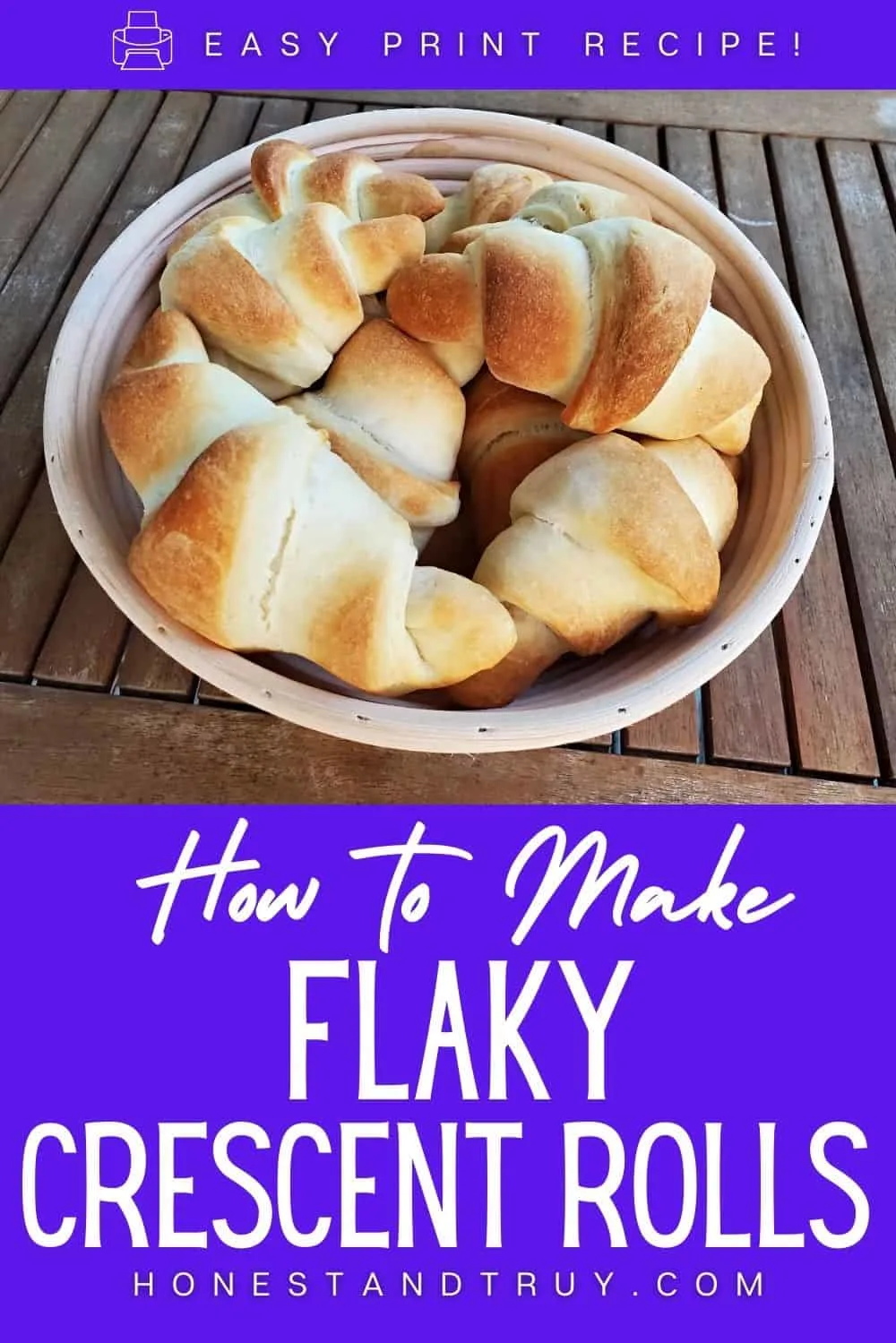 Basket of crescent rolls with text how to make flaky crescent rolls.