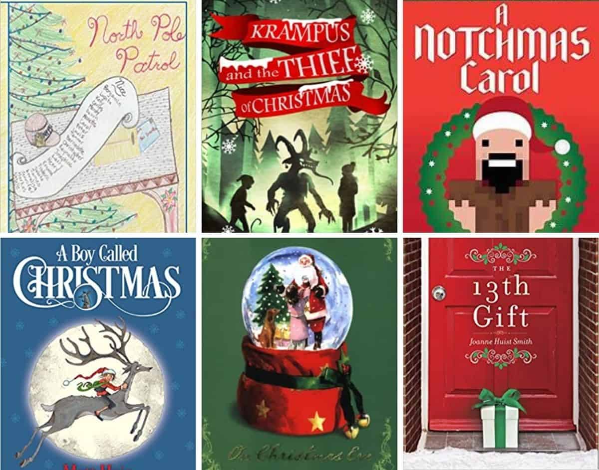 Collage of six Christmas books for tweens: North Pole Patrol, A Boy Called Christmas, Krampsus and the Christmas Thief, On Christmas Eve, A Nochmas Christmas, and The 13th Gift.