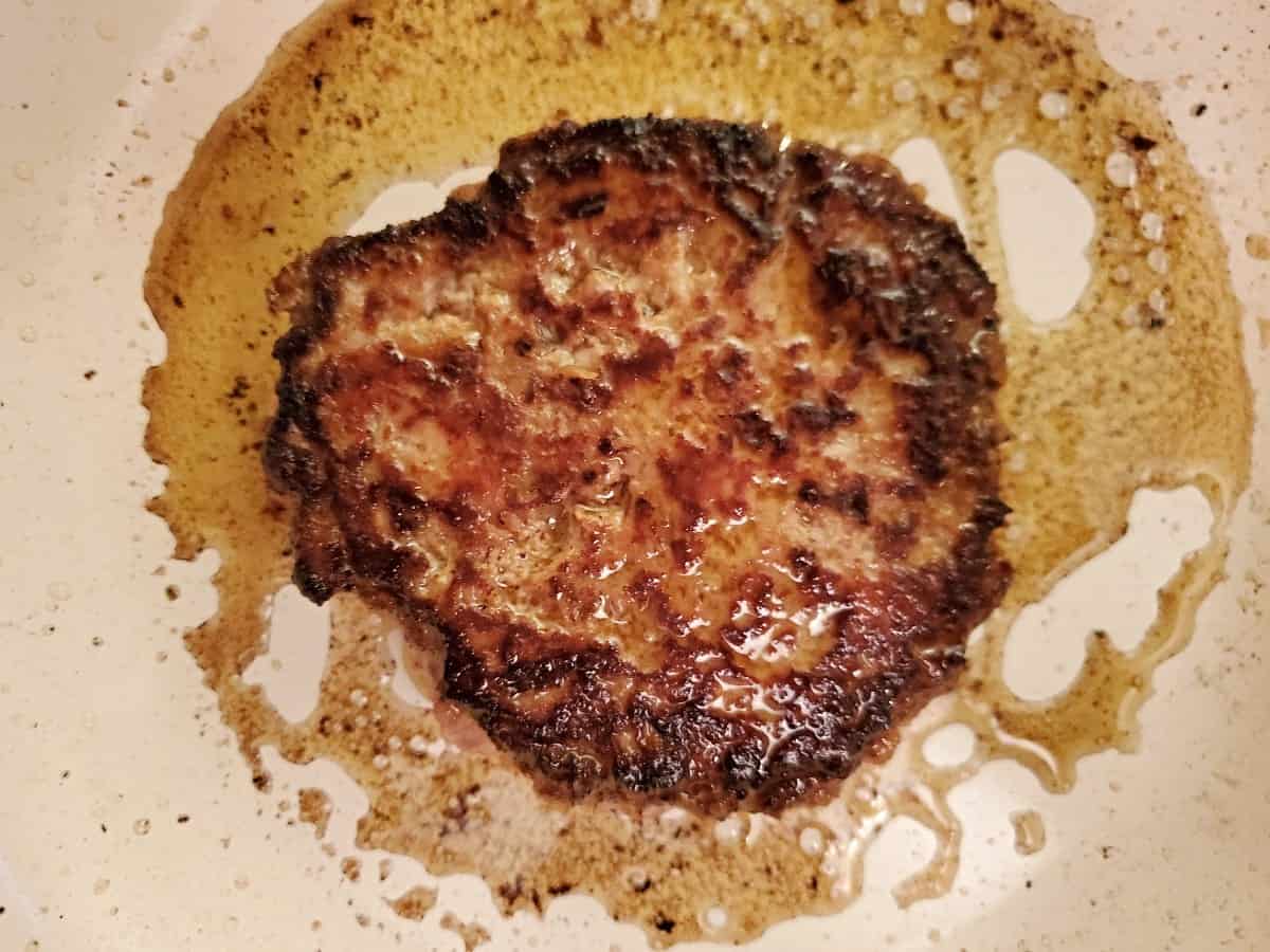 Overhead of a well browned Asian inspired turkey burger.