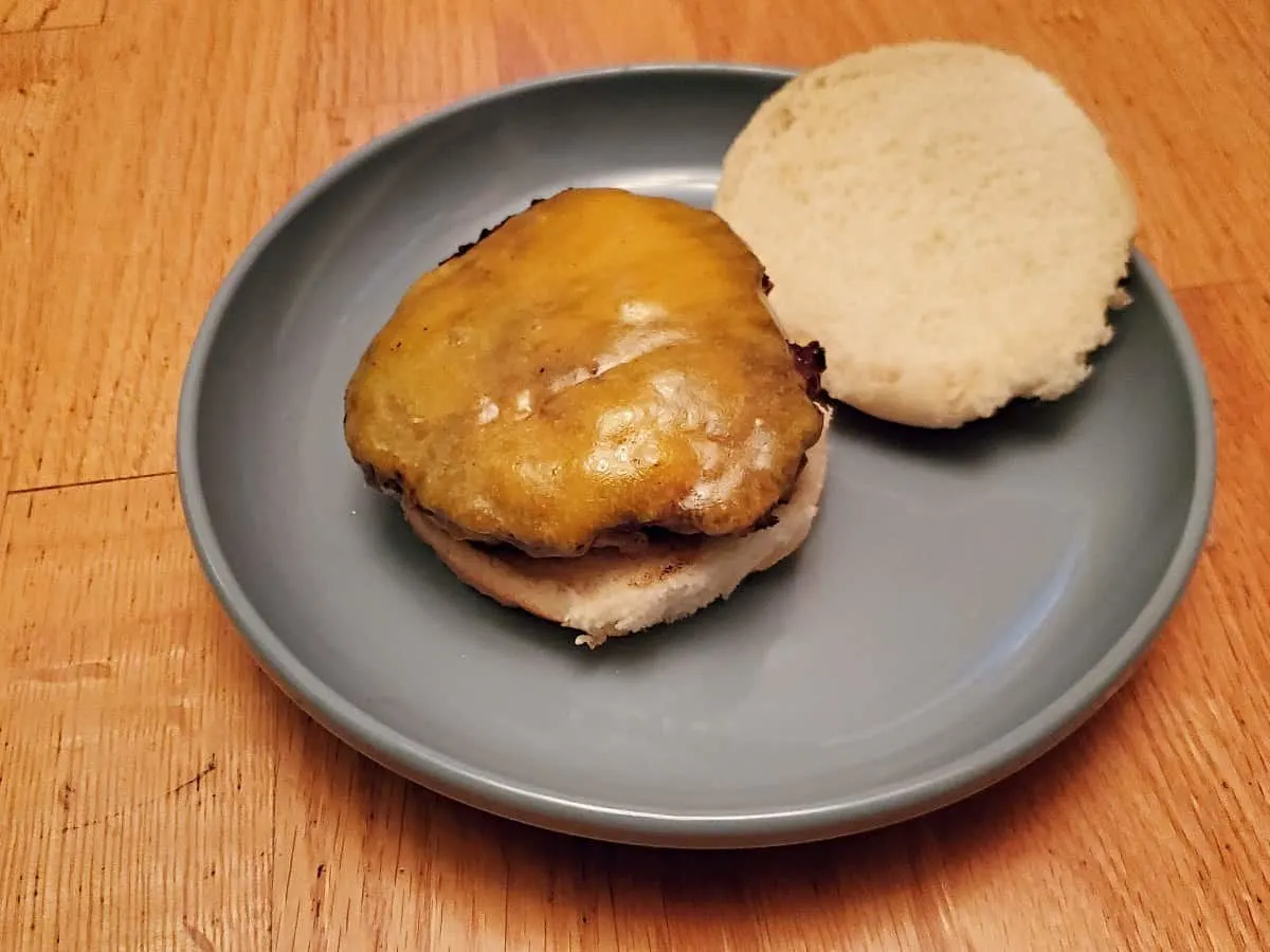 View of an Asian turkey burger with cheese on a plate.