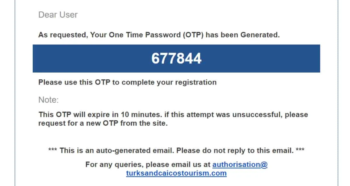 TCI one time password email confirmation.