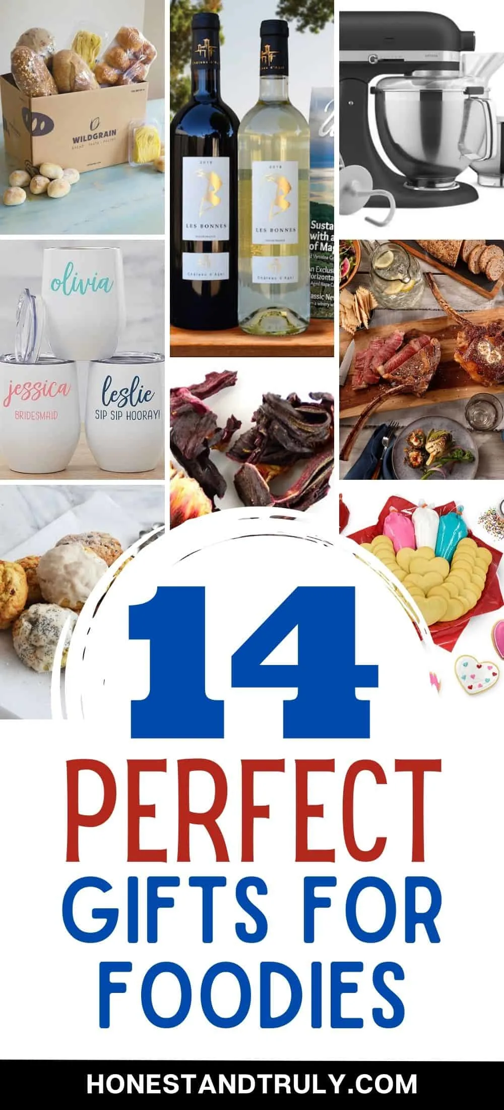 Collage of gifts from mugs to steak to cookies to wine bottles with text 14 perfect gifts for foodies.