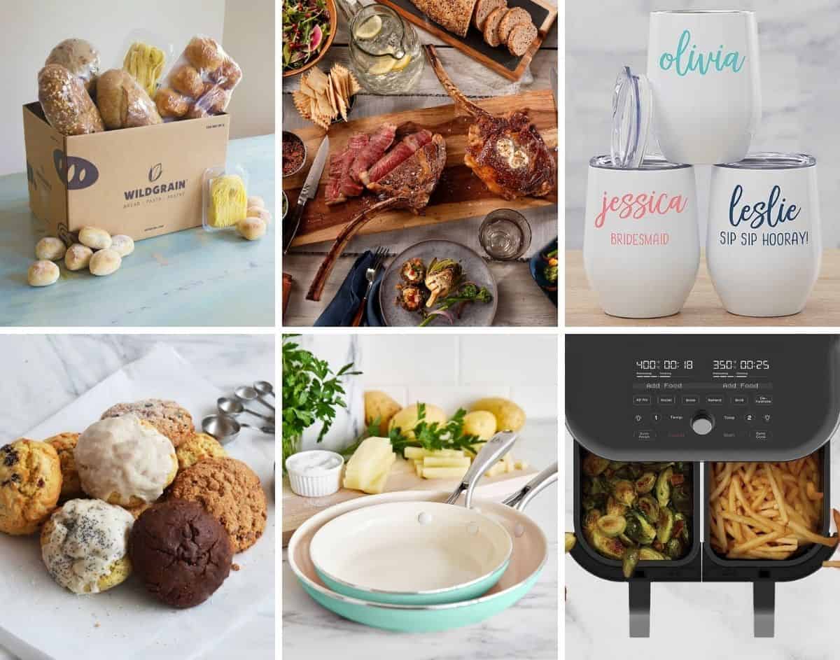 Collage with six images showing a box of bread, a plate with a variety of scones, a setup of steaks ready to cook, turquoise fry pans with whole ingredients behind them, a stack of three white insulated wine tumblers, and an overheat shot of an air fryer.