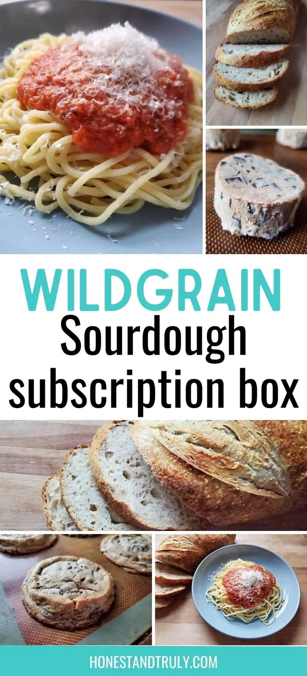 Collage of Wildgrain subscription box items with text wildgrain sourdough subscription box.