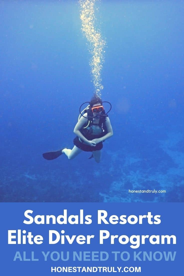 SCUBA diver facing the camera with text Sandals Resorts Elite Diver Program all you need to know.