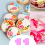 Collage of four pink cookie types with text 11 best cookies for Mother's Day.