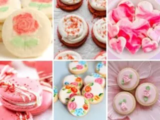 Collage of six types of pink cookies for Mother's Day.