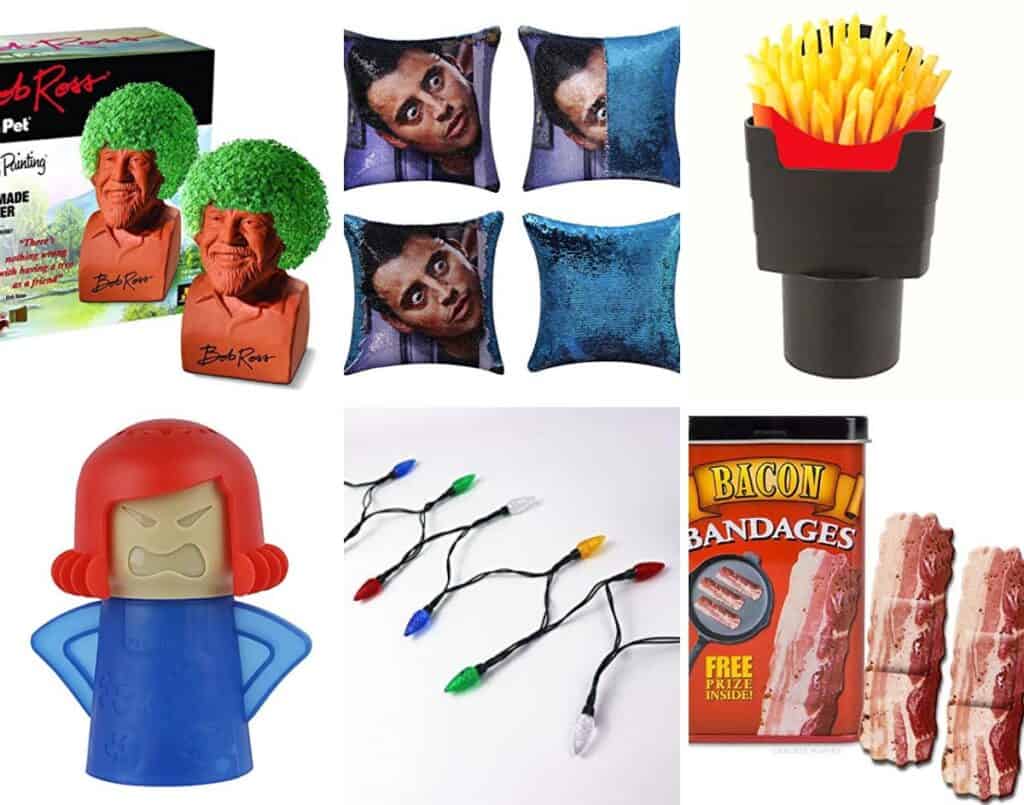 Collage of six items for white elephant gifts.
