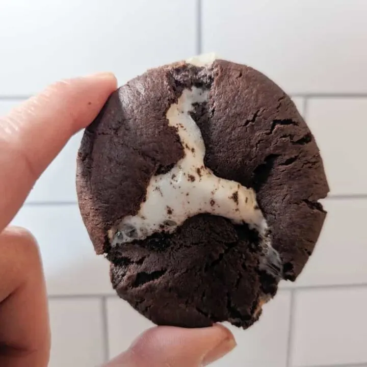 Chocolate marshmallow cookie held in front of subway tile.