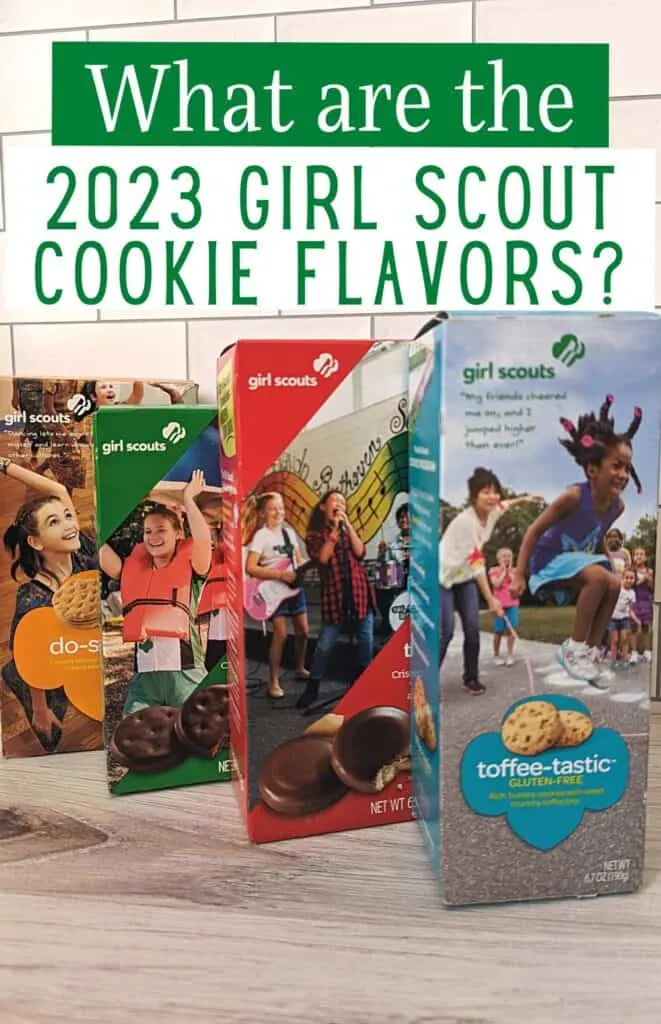 Four Girl Scout Cookie flavors in boxes with text What are the 2023 girl scout cookie flavors.