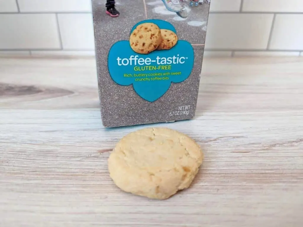 Image shows Girl Scouts toffee-tastic cookie sitting outside of its box.