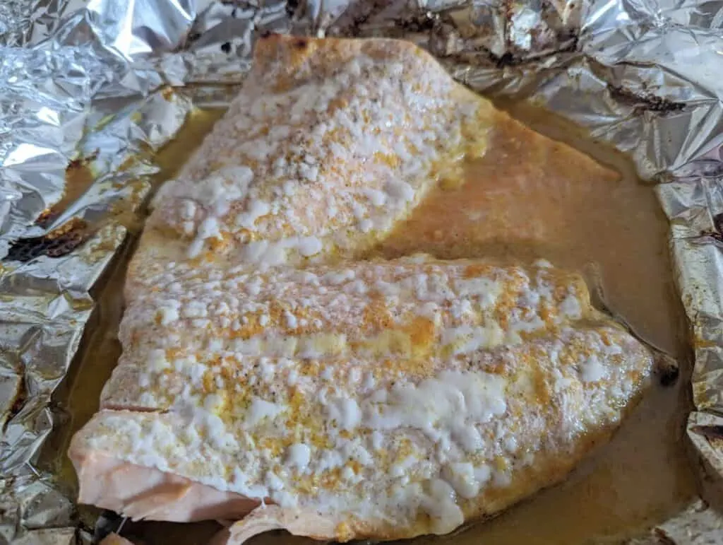 Orange Salmon sitting in an opened foil tent.