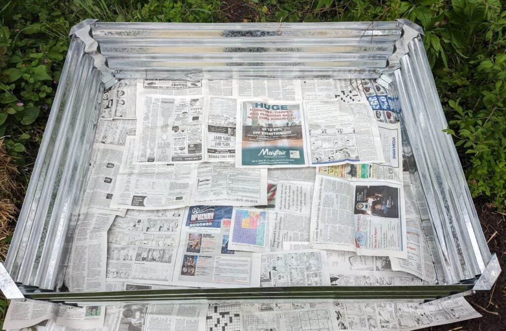 Budget garden bed lined with newspaper.