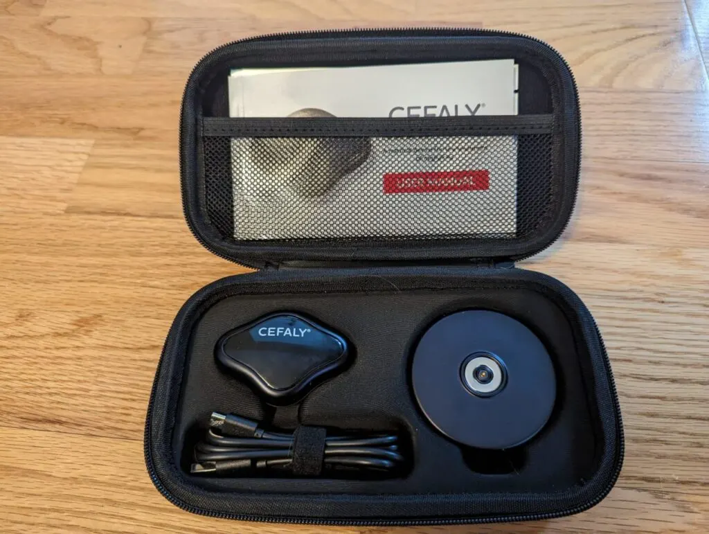 Image shows a Cefaly Device contents in its case.