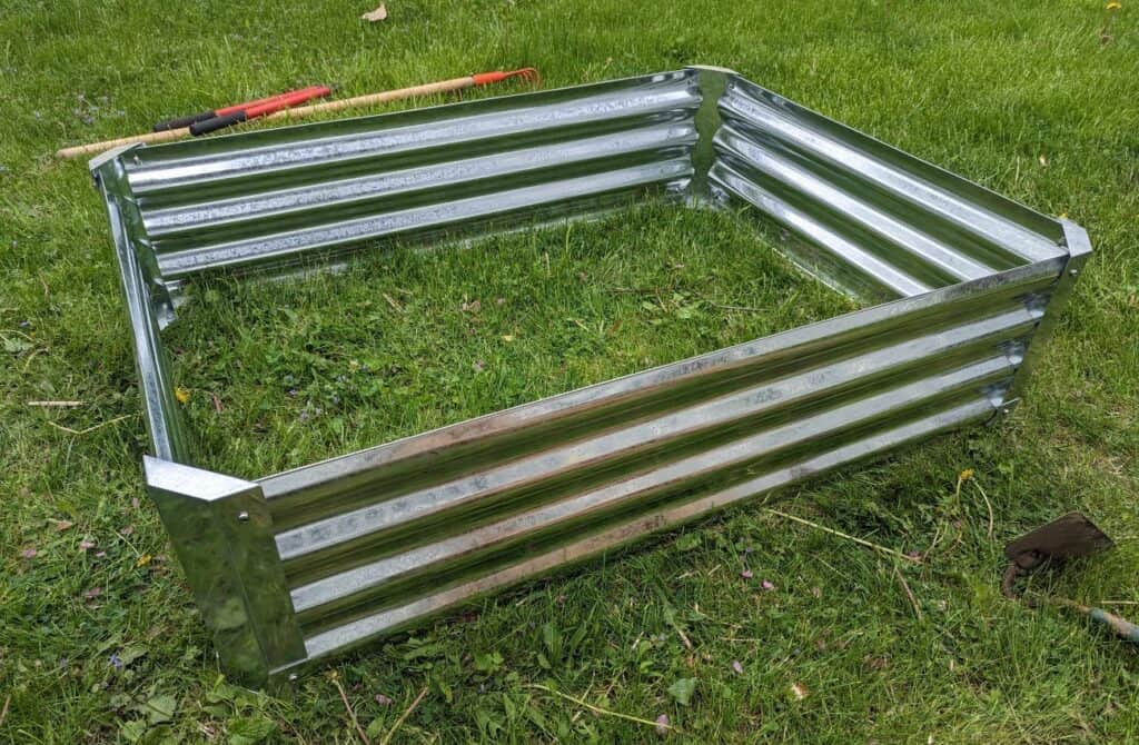 Fully assembled galvanized steel garden bed.