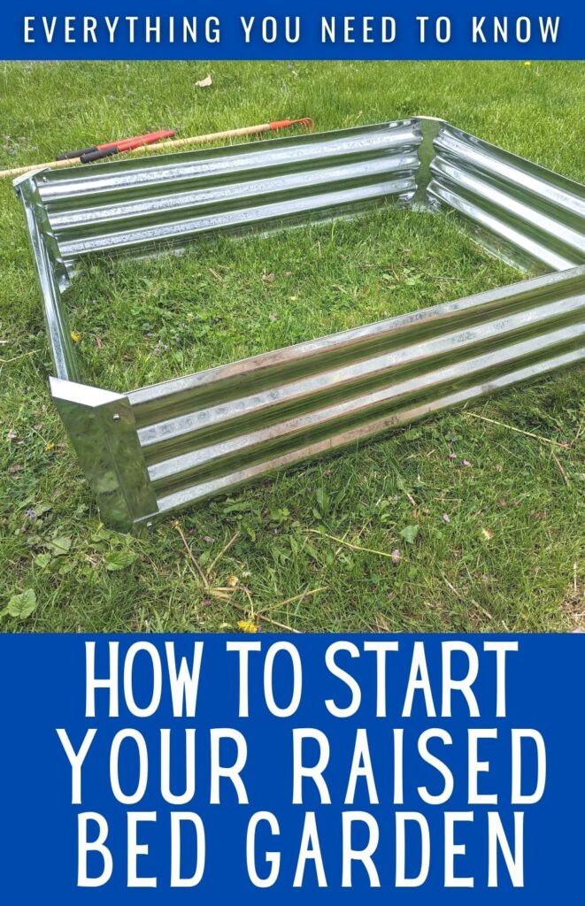 Galvanized steel raised bed with text how to start your raised bed garden.
