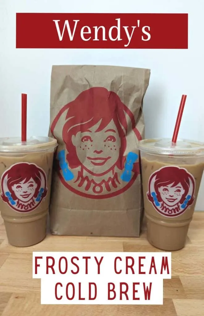 Image shows Wendys bag and coffees with text Wendy's frosty cream cold brew.