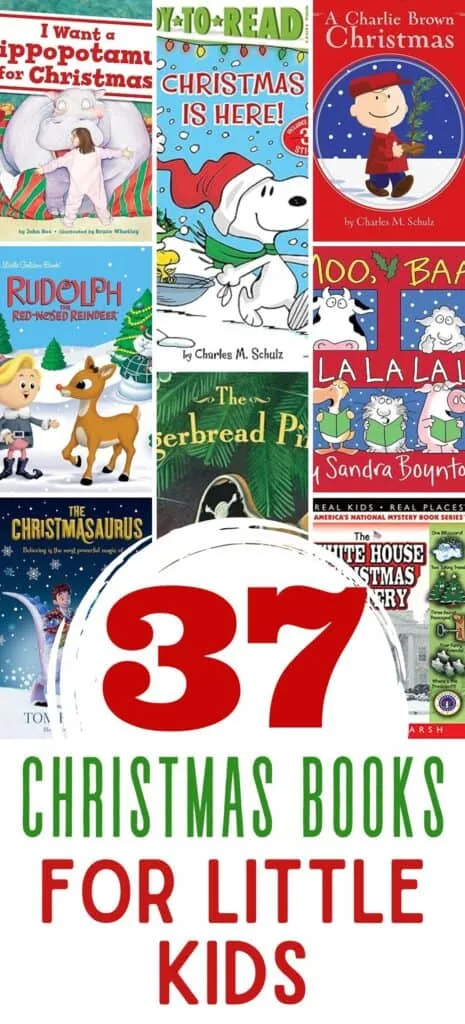 Image shows a collage of eight book covers with the text 37 best christmas books for kids.